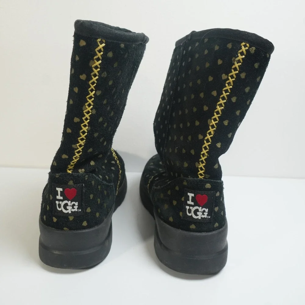 I‎ Heart UGG Suede Boots Girls Size 4 Black Gold Heart Print Mid Calf 1007120
